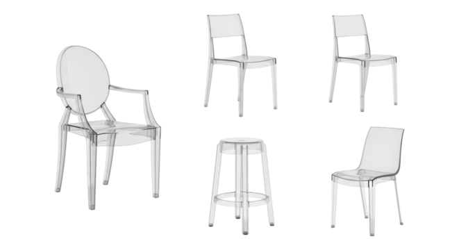 Transparent acrylic chairs and stool assortment isolated on white backdrop