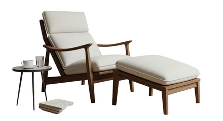 Fototapeta premium Elegant chair with footrest and small table creates a comfortable reading nook