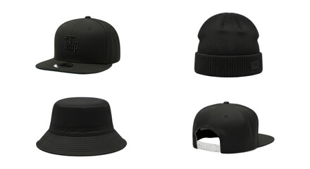 Isolated presentation of urban-inspired black headwear in a studio setting