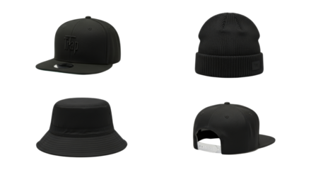 Isolated presentation of urban-inspired black headwear in a studio setting