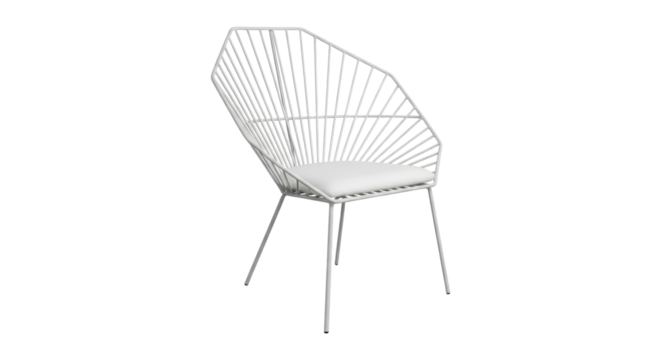 Minimalist white metal wire chair with cushion against clean backdrop