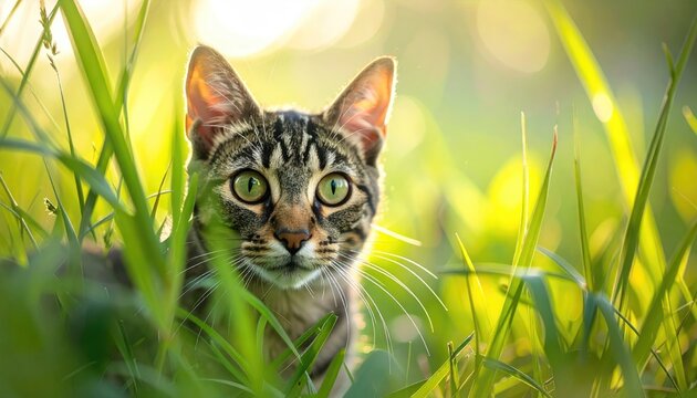 Close up portrait of a tabby cat with bright green eyes peeking through tall green grass in soft golden hour sunlight with bokeh background