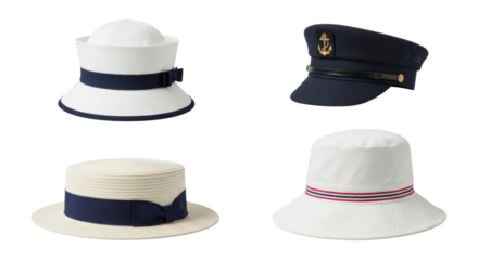 Stylish array of nautical themed hats for summertime fashion and adventures