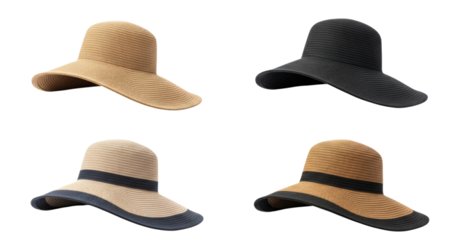 Elegant assortment of sun hats in diverse styles against a clean backdrop