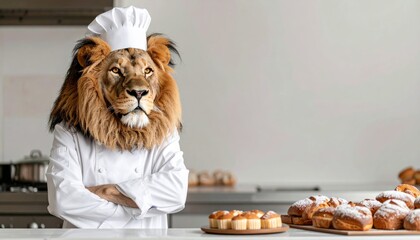 Happy Lion Chef Supervising Pastry Station in Modern Kitchen with High Fidelity Lighting