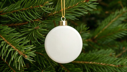 A blank white oval shaped christmas ornament hangs from a gold string on a green pine tree branch