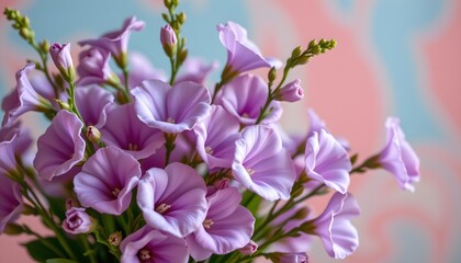 Beautiful bouquet of delicate purple flowers arranged artistically against a pastel-colored background, showcasing elegance and charm in floral decor