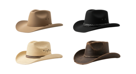 A collection of four distinct cowboy hats representing diverse styles and textures