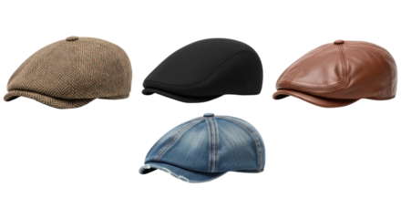 Selection of stylish newsboy caps in varying materials and colors isolated