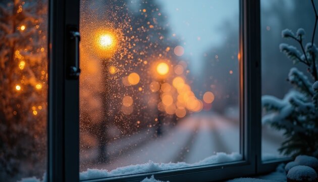 A snowy window view with blurred street lights glowing in the background. Snow covers the ground and tree branches, creating a winter atmosphere.