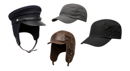 Stylish headwear collection: Assorted caps and winter hats assortment on white