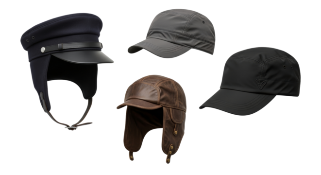 Stylish headwear collection: Assorted caps and winter hats assortment on white