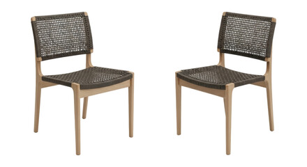 Fototapeta premium Elegant woven dining chairs with light wooden frames on white backdrop