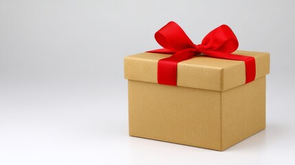 Naklejka premium Elegant brown gift box adorned with vibrant red bow ideal packaging for special occasions and thoughtful presents.