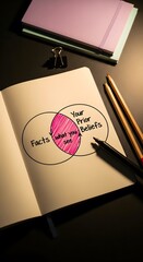 Minimalist concept of cognitive bias illustrated in notebook with Venn diagram comparing facts and prior beliefs