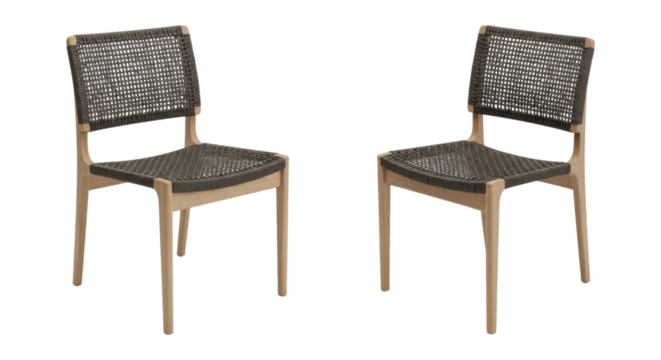 Elegant woven dining chairs with light wooden frames on white backdrop