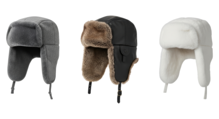 Selection of three fur trapper hats isolated on white background, winter fashion