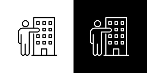 Line icon of a person presenting a company building. Vector illustration for real estate, corporate headquarters, or business establishment