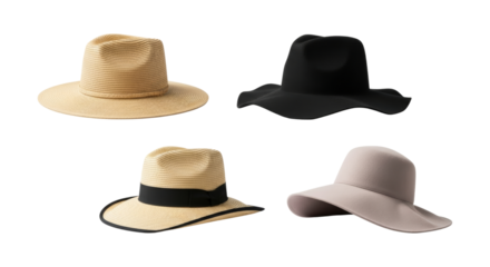 Collection of diverse fashion hats for various occasions on white scene