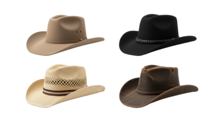 Stylish assortment of cowboy hats on a clean backdrop displaying fashion diversity