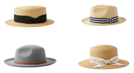 Collection of stylish hats for fashion wear isolated on white background