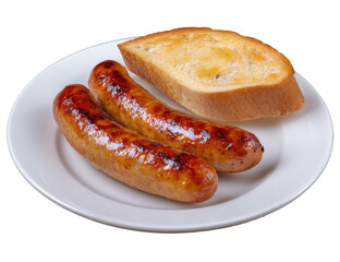 Two grilled sausages and a slice of toasted bread served on a white plate, close up