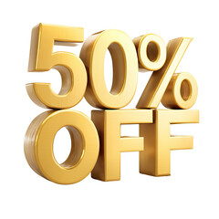 3D rendering of gold text "50% OFF" isolated on black. Discount promotion graphic