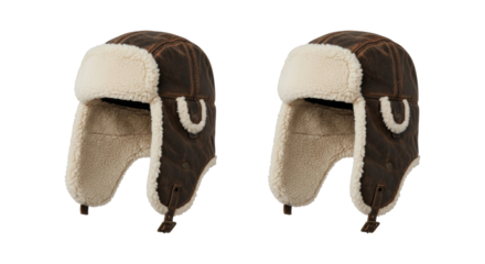 Isolated image featuring two stylish brown aviator hats with white fur lining