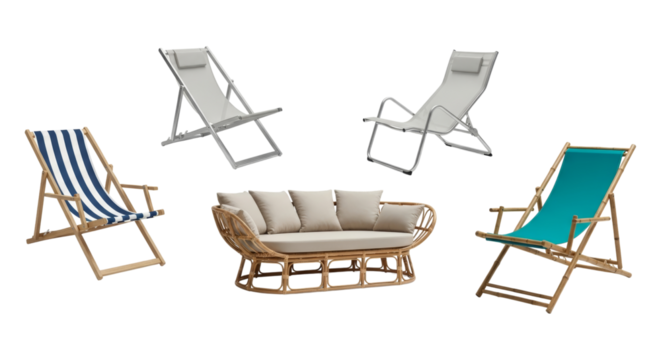 Collection of diverse outdoor seating options for patios and beach relaxation