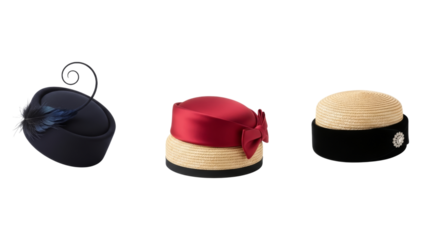 Exquisite millinery showcase: Three elegant ladies' hats on a pristine background