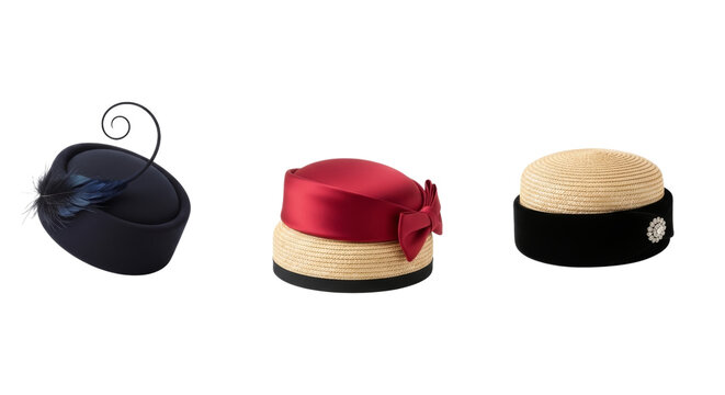 Exquisite millinery showcase: Three elegant ladies' hats on a pristine background