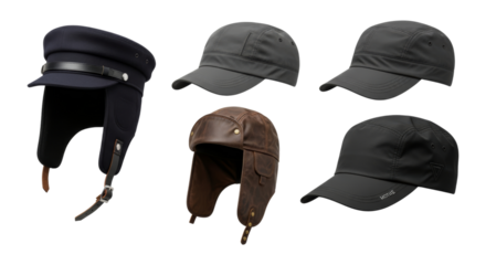 Diverse collection of caps and winter hats in various styles and materials