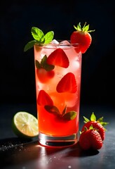 A vibrant strawberry mojito cocktail in a glass with red strawberry slices mint leaves and lime wedges