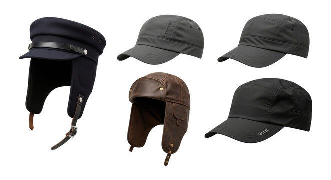 Diverse collection of caps and winter hats in various styles and materials