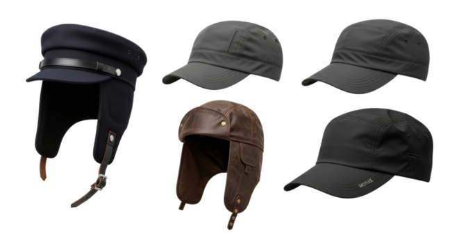 Diverse collection of caps and winter hats in various styles and materials