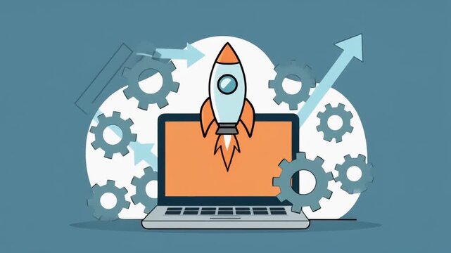 Conceptual illustration of a technology startup launch with a rocket boosting from a laptop screen.