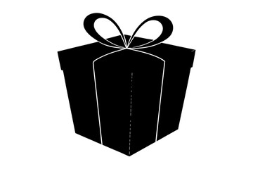 A simple black silhouette of a gift box with a ribbon and bow on top isolated on a white background representing celebration and surprise silhouette