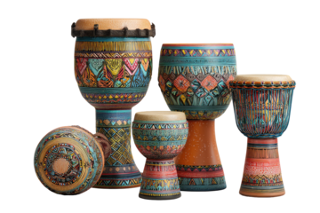 Array of colorful, decorative drums, intricately designed with geometric patterns