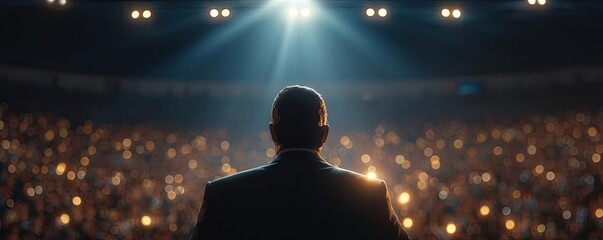 Back view of motivational speaker on stage concept. Speaker delivers a powerful message to an engaged audience.