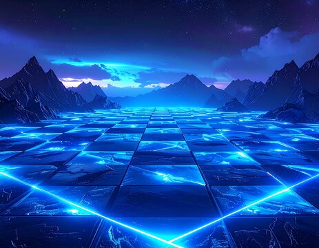 A neon-lit landscape with a checkered ground, mountains under a starry sky, and a glowing grid - Powered by Adobe
