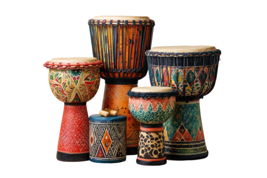 A collection of handcrafted African drums with colorful skins & intricate designs - Powered by Adobe