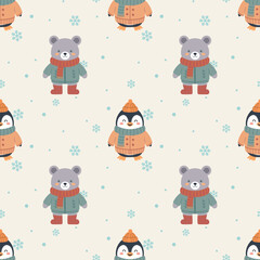 A cute, seamless vector pattern featuring cartoon bears and penguins on a soft beige background. This adorable and cozy design is perfect for children's fabric, digital paper, or holiday themes.