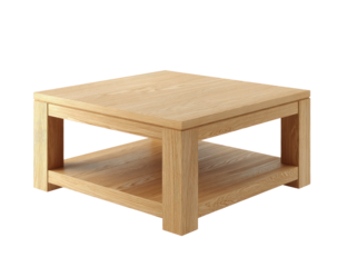 A square wooden coffee table, with a lower shelf, isolated on a black background