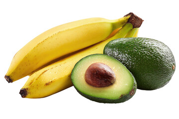 Bunch of bananas and a whole and halved avocado on a transparent background