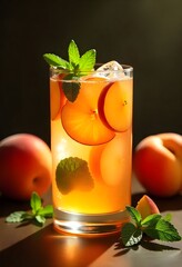 A sweet peach mojito cocktail in a studio setting, decorated with peach slices  lime and mint leaves