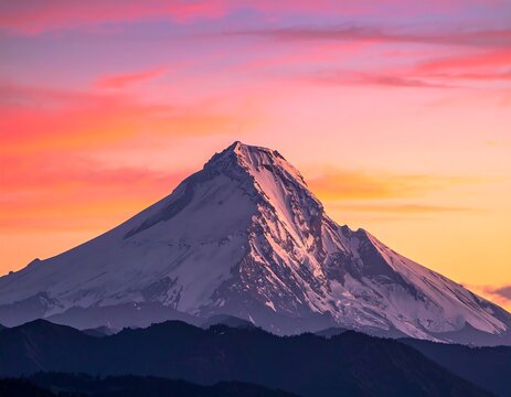 Majestic mountain with snow-capped peak against vibrant sunset sky