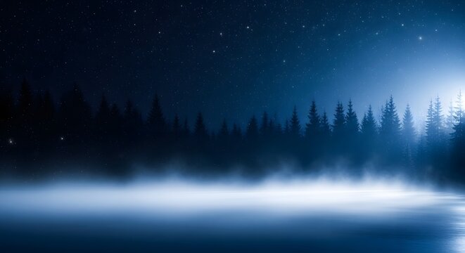 A serene night landscape with a lake and starry sky above - Powered by Adobe