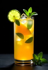 Exotic mango mojito cocktail in a tall glass, decorated with mango slices lime and mint