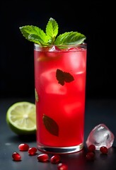 A luxurious pomegranate mojito cocktail filled with ruby-red pomegranate seeds mint