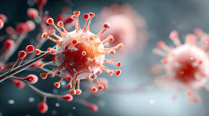 Obraz premium Artistic macro visualization of virus replication, capturing the process of infection, viral load, and cellular transmission.